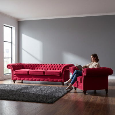Chesterfield Red Sofa Set Noble Fabric Armchair Upholstered Three-Seater