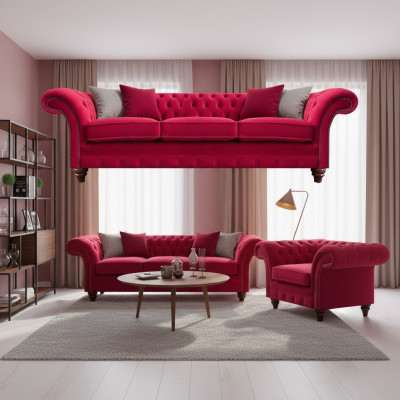 Chesterfield Red Sofa Set Noble Fabric Armchair Upholstered Three-Seater