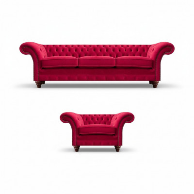 Chesterfield Red Sofa Set Noble Fabric Armchair Upholstered Three-Seater