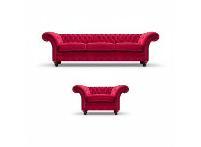 Chesterfield Red Sofa Set Noble Fabric Armchair Upholstered Three-Seater