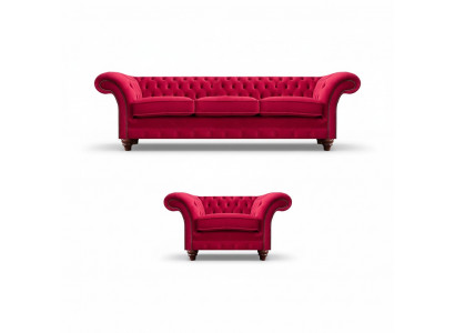 Chesterfield Red Sofa Set Noble Fabric Armchair Upholstered Three-Seater