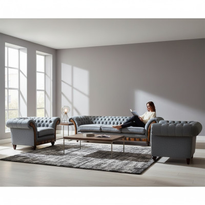 Stylish Chesterfield Light Gray Sofa Set Living Room Sofas 3-piece