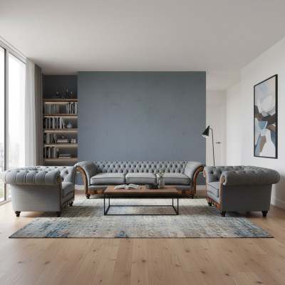 Stylish Chesterfield Light Gray Sofa Set Living Room Sofas 3-piece