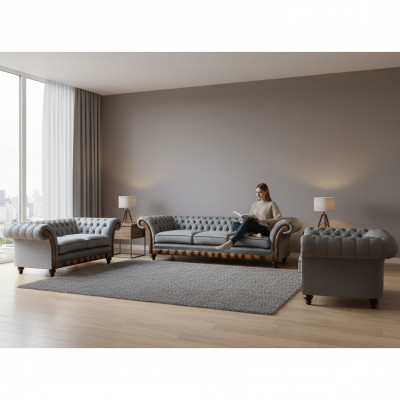 Chesterfield light gray upholstered furniture living room sofa set elegant set