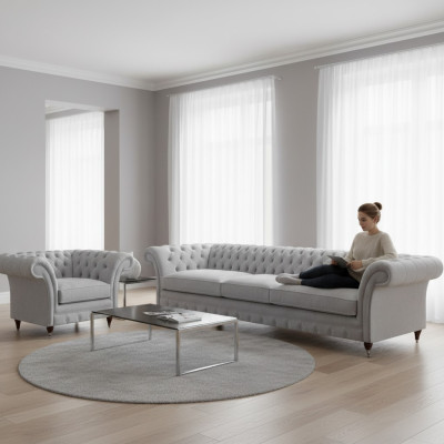 White Chesterfield Three-Seater Luxurious Living Room Upholstered Chair 2-piece Set