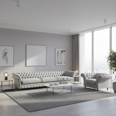 White Chesterfield Three-Seater Luxurious Living Room Upholstered Chair 2-piece Set