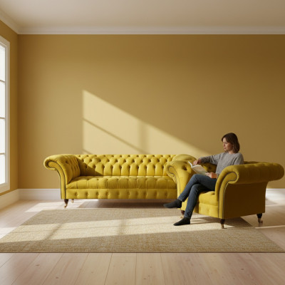 Modern Yellow Chesterfield Upholstered Suite Luxurious 3-Seater Textile Armchair