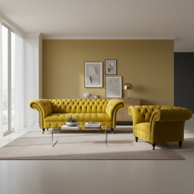 Modern Yellow Chesterfield Upholstered Suite Luxurious 3-Seater Textile Armchair