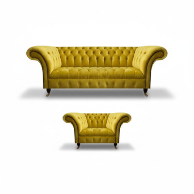 Modern Yellow Chesterfield Upholstered Suite Luxurious 3-Seater Textile Armchair