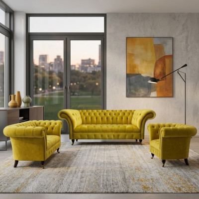 Living room yellow Chesterfield sofa set modern 3-piece upholstery set