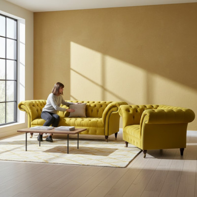 Stylish Yellow Chesterfield Upholstered Living Room Sofa Set 2-Piece