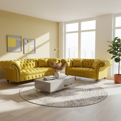 Stylish Yellow Chesterfield Upholstered Living Room Sofa Set 2-Piece