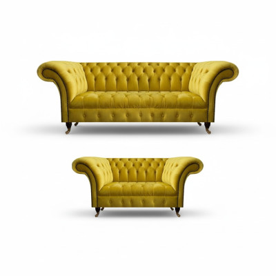 Stylish Yellow Chesterfield Upholstered Living Room Sofa Set 2-Piece
