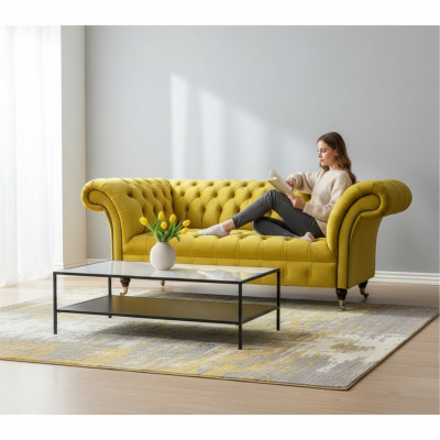 Modern Chesterfield Seating Yellow Two-Seater Designer Fabric Sofa