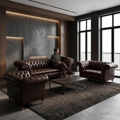 Brown Chesterfield leather couches designer three-seater four-seater armchair