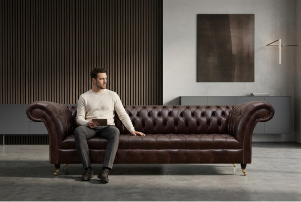Brown Chesterfield faux leather couch modern sofa four-seater furniture