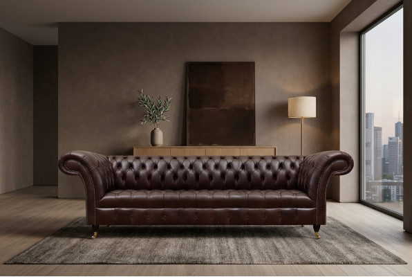 Brown Chesterfield faux leather couch modern sofa four-seater furniture