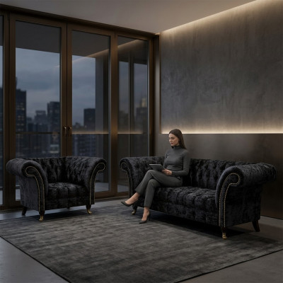 Chesterfield Black Upholstered Furniture Designer Living Room Couch Armchair 2-piece Set