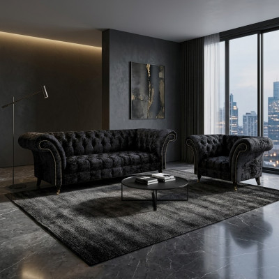 Chesterfield Black Upholstered Furniture Designer Living Room Couch Armchair 2-piece Set