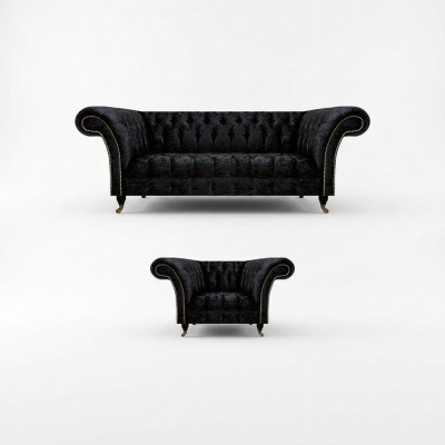 Chesterfield Black Upholstered Furniture Designer Living Room Couch Armchair 2-piece Set