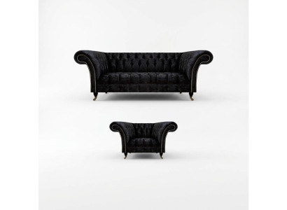 Chesterfield Black Upholstered Furniture Designer Living Room Couch Armchair 2-piece Set