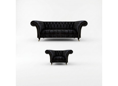 Chesterfield Black Upholstered Furniture Designer Living Room Couch Armchair 2-piece Set