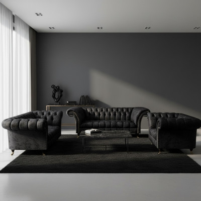 Black Textile Chesterfield Set Noble Three-Seater Armchair 3-piece Set