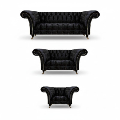 Black Textile Chesterfield Set Noble Three-Seater Armchair 3-piece Set