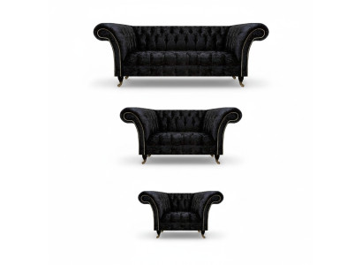 Black Textile Chesterfield Set Noble Three-Seater Armchair 3-piece Set