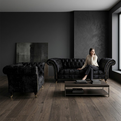 Luxurious Chesterfield Black Textile Sofa Set Living Room Furniture