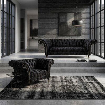 Luxurious Chesterfield Black Textile Sofa Set Living Room Furniture