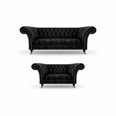 Luxurious Chesterfield Black Textile Sofa Set Living Room Furniture
