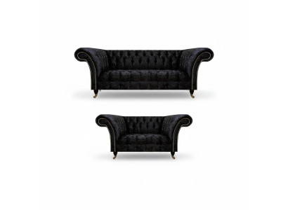 Luxurious Chesterfield Black Textile Sofa Set Living Room Furniture