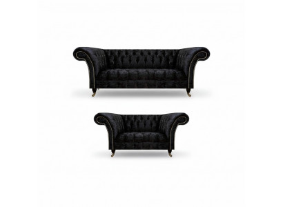 Luxurious Chesterfield Black Textile Sofa Set Living Room Furniture