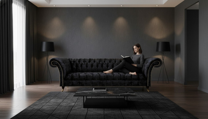 Chesterfield Modern Black Four-Seater Elegant Upholstered Furniture 4-Seater