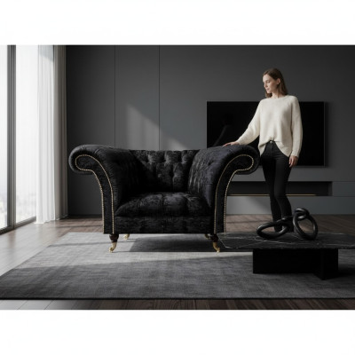 Chesterfield Upholstered Armchair Black Single-Seater Luxurious Recliner