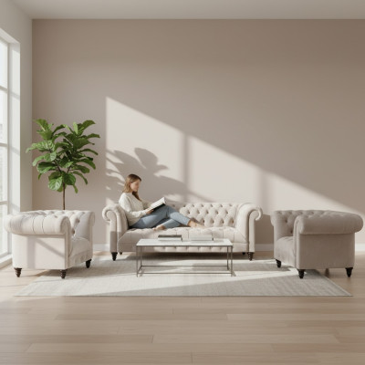 Stylish Chesterfield Sofa Set Modern Textile Sofa 2x Armchairs