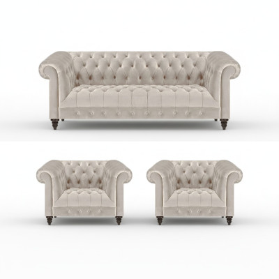 Stylish Chesterfield Sofa Set Modern Textile Sofa 2x Armchairs