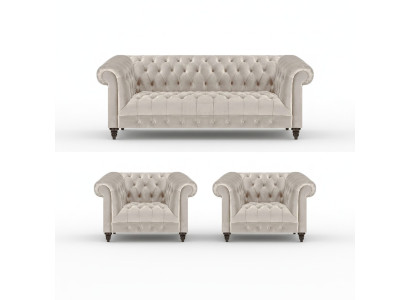 Stylish Chesterfield Sofa Set Modern Textile Sofa 2x Armchairs