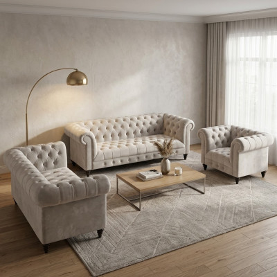 Modern Chesterfield White Sofa Set Noble Upholstered Sofas Armchair 3-piece