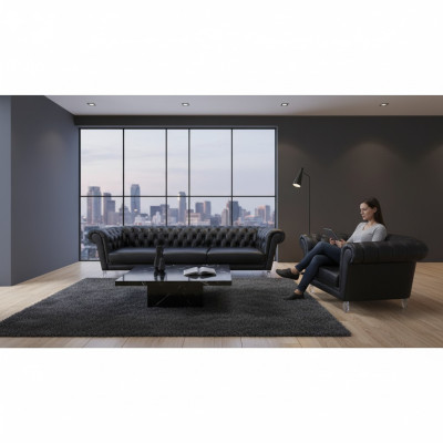 Modern black Chesterfield upholstered furniture exclusive leather sofa armchair