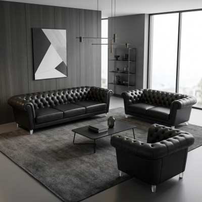 Black Chesterfield Leather Suite Designer Sofas Living Room Armchair