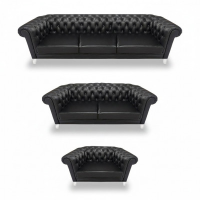Black Chesterfield Leather Suite Designer Sofas Living Room Armchair
