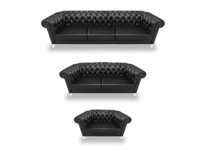 Black Chesterfield Leather Suite Designer Sofas Living Room Armchair