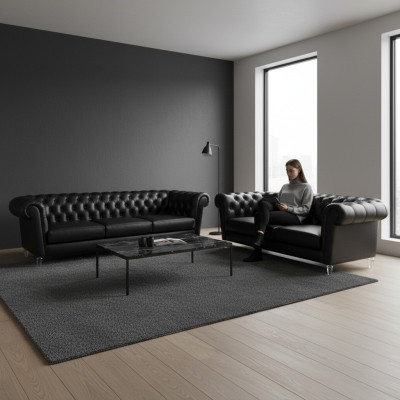 Black Chesterfield Faux Leather Sofas Modern Living Room Set 2-piece