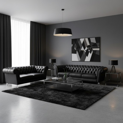 Black Chesterfield Faux Leather Sofas Modern Living Room Set 2-piece