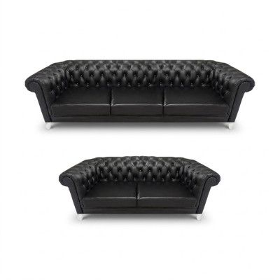 Black Chesterfield Faux Leather Sofas Modern Living Room Set 2-piece