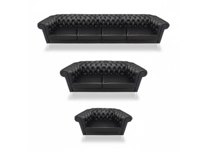 Black Chesterfield Leather Suite Designer 4-Seater Two-Seater Armchair