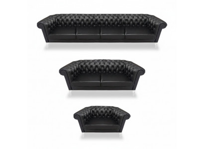 Black Chesterfield Leather Suite Designer 4-Seater Two-Seater Armchair