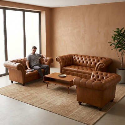 Modern Chesterfield leather sofas designer armchair two-seater 3-piece set